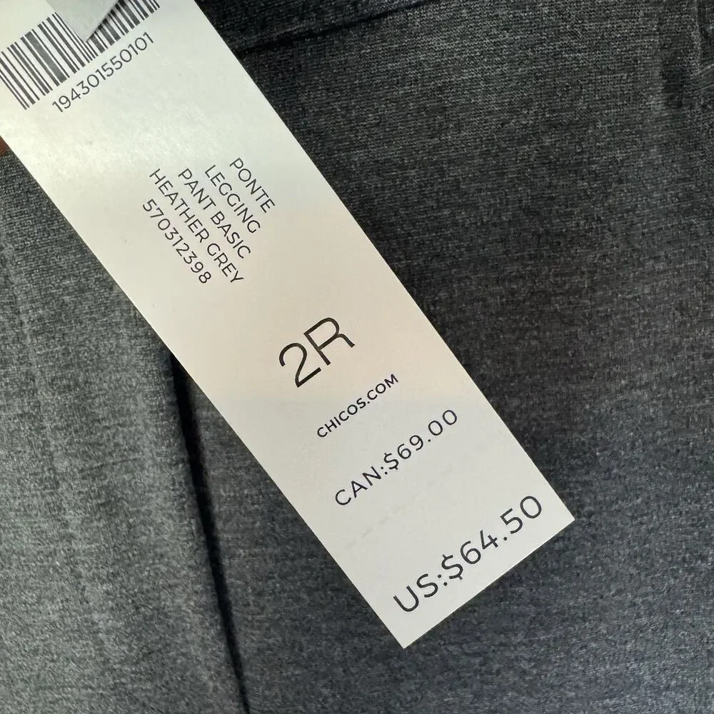 S Chicos‎ Ponte Leggings Size 2R US 12 Gray Stretch Pull On NWT